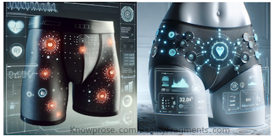 Here are two images depicting futuristic underwear powered by AI technology. The designs are sleek and modern, featuring smart fibers and sensors, with a minimalist setting to emphasize the advanced technology.